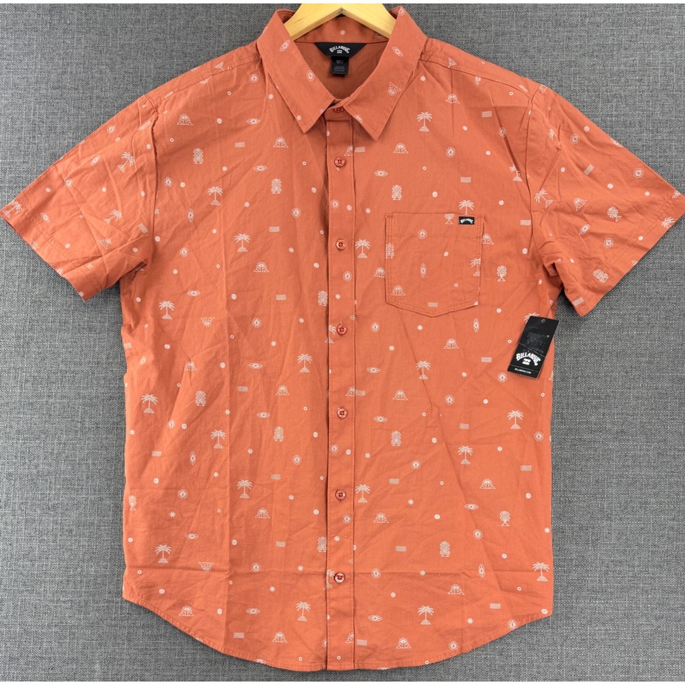 Billabong Chase Mens Large Short Sleeve Button Down Shirt Orange Tropical Cotton